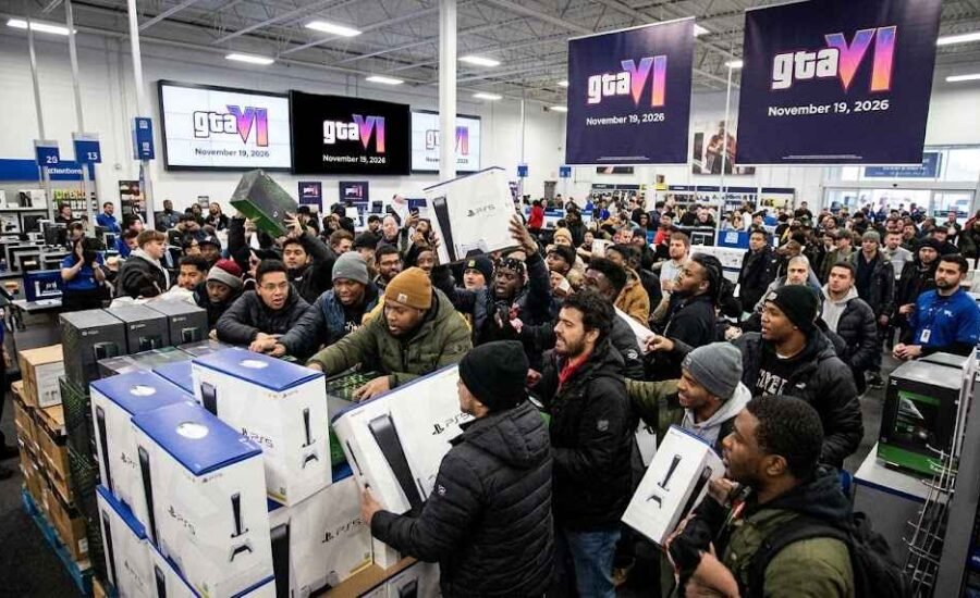 "Excited crowd of shoppers crowding an electronics store floor to purchase gaming consoles and video games in November 2026.