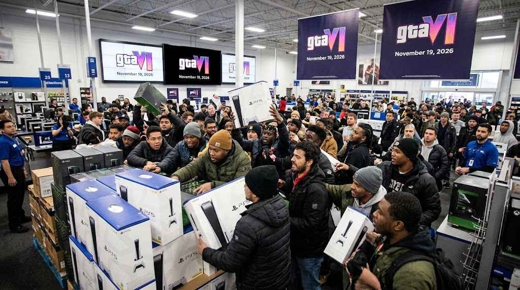 "Excited crowd of shoppers crowding an electronics store floor to purchase gaming consoles and video games in November 2026.
