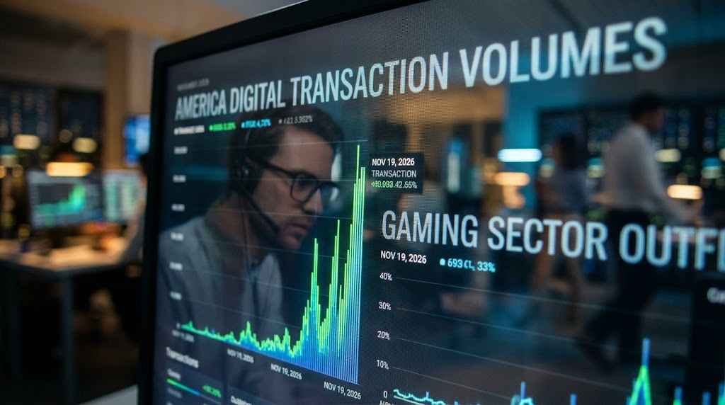 Financial dashboard screen displaying sharp upward surge spikes in digital video game retail transaction volumes.