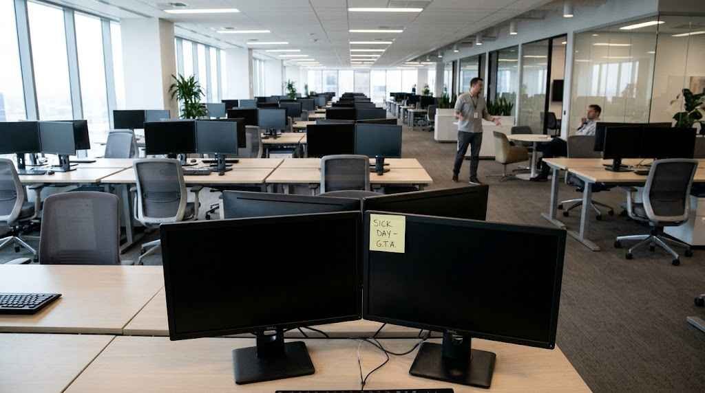 Wide shot of a mostly empty modern corporate office floor with vacant desks, illustrating workplace absenteeism on launch day.