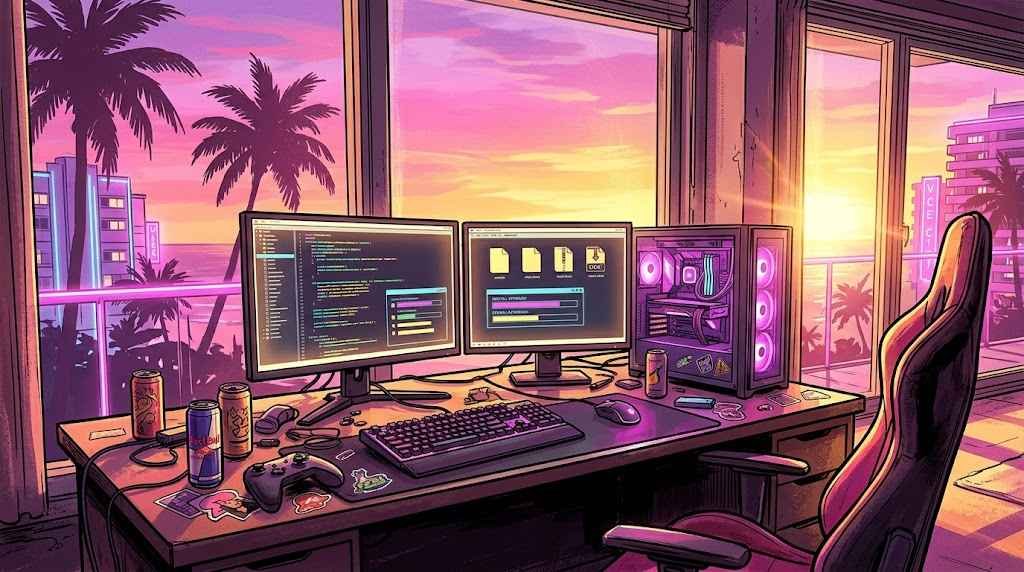 GTA 6 pop-art style illustration of a gaming desk setup with monitors displaying game code and storage meters against a Vice City sunset.