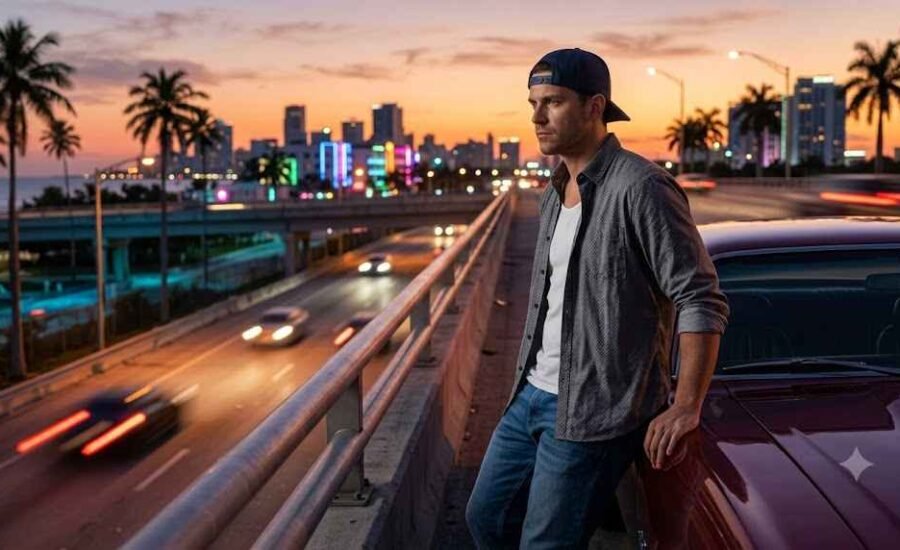 A young man wearing a backward baseball cap and open button-down shirt leaning against a muscle car on a Vice City highway overpass at sunset.