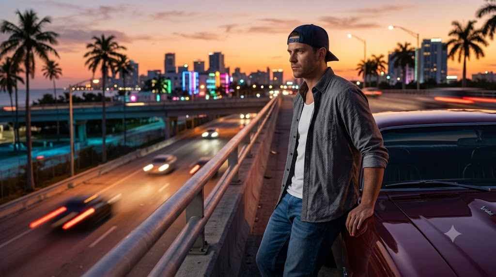 A young man wearing a backward baseball cap and open button-down shirt leaning against a muscle car on a Vice City highway overpass at sunset.