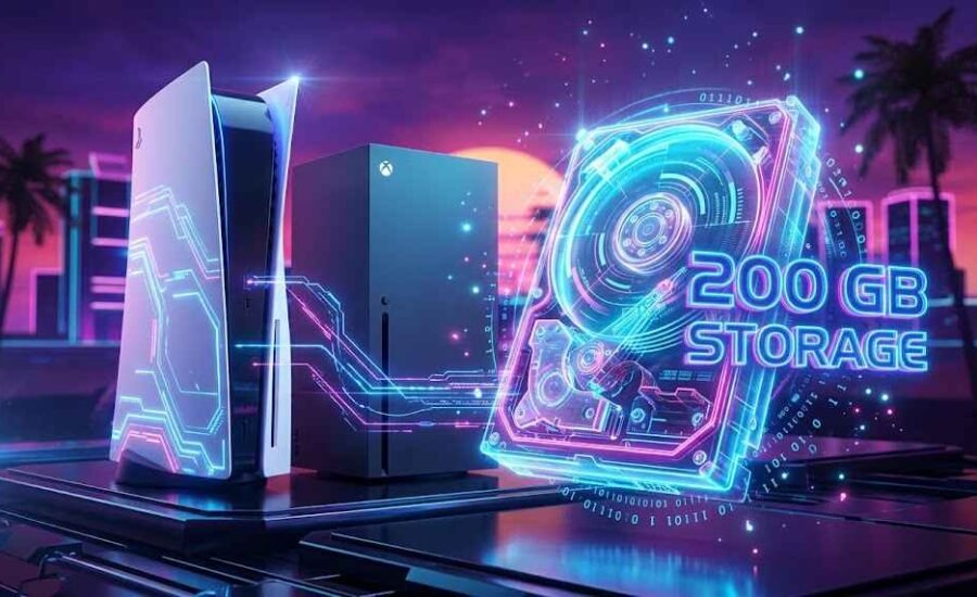Conceptual graphic showing PS5 and Xbox Series X consoles next to a holographic hard drive with a glowing 200 GB file size indicator and Vice City backdrop.