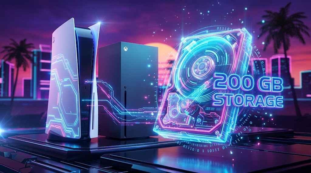 Conceptual graphic showing PS5 and Xbox Series X consoles next to a holographic hard drive with a glowing 200 GB file size indicator and Vice City backdrop.