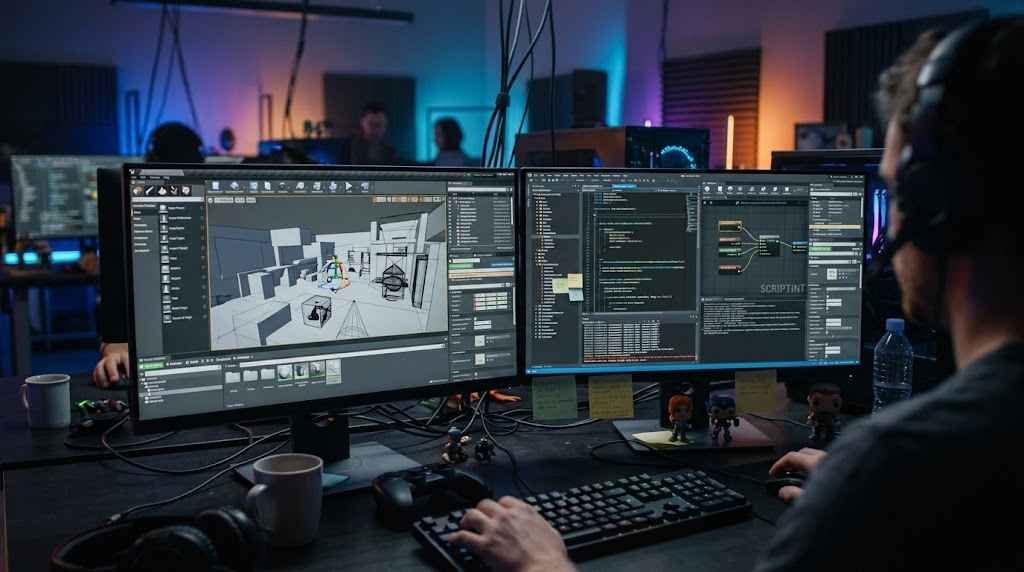 Over-the-shoulder view of a game developer working at a dual-monitor workstation in a dimly lit, modern office with ambient blue and purple LED lighting. The screens display unfinished 3D wireframe models, debug code, and gray-box environments typical of video game development. The developer is wearing headphones and focusing on the screens.