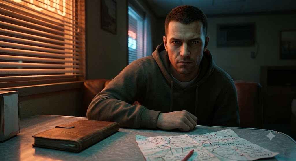 A man in a hoodie sitting inside a dimly lit diner booth looking seriously at a map spread out on the table under neon light.