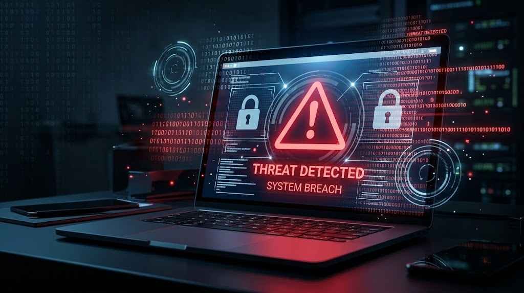 Cybersecurity concept illustration depicting a laptop displaying a red warning symbol and binary code, representing malware risks in fake GTA 6 torrent downloads.