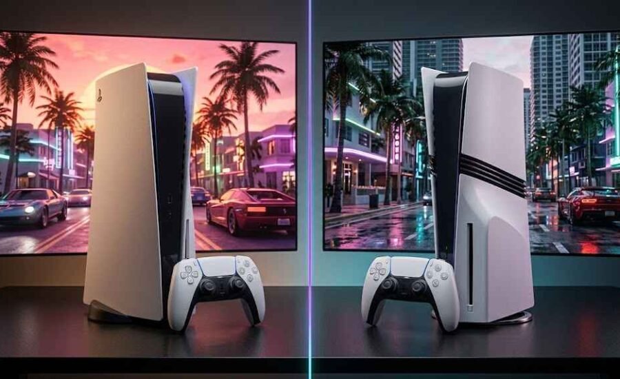GTA 6 PS5 vs PS5 Pro comparison showing both consoles with Vice City-inspired graphics Copy