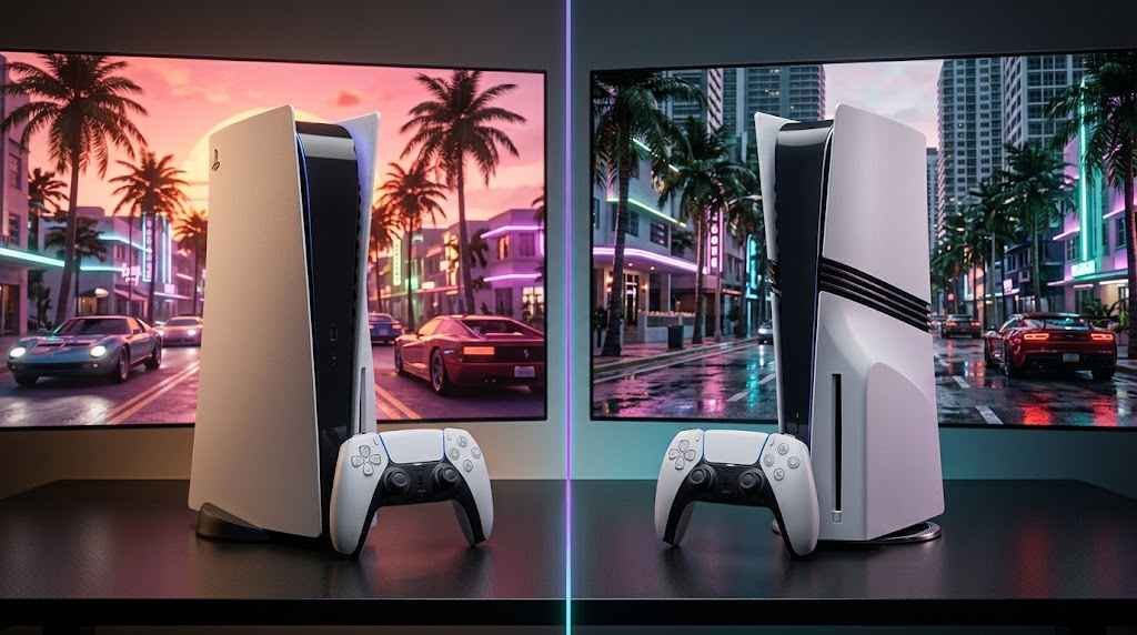 GTA 6 PS5 vs PS5 Pro comparison showing both consoles with Vice City-inspired graphics Copy